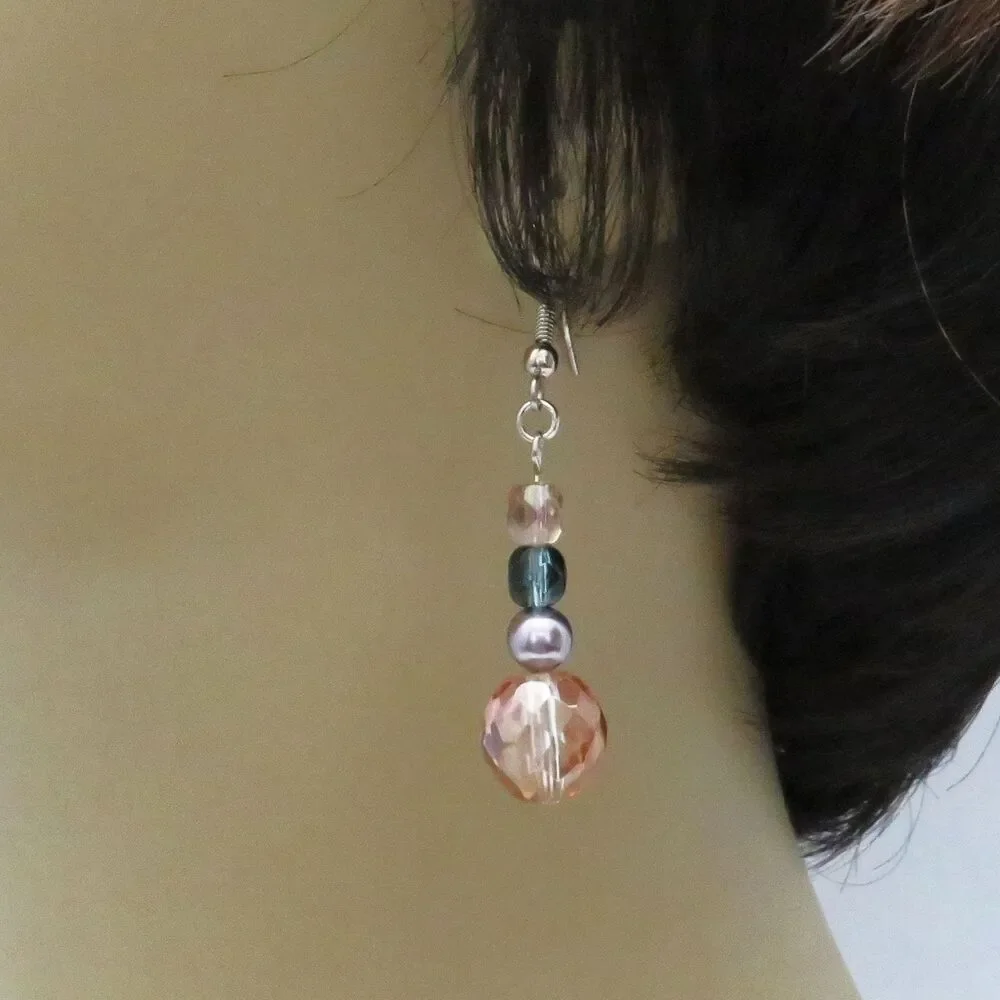 Dangle Earrings for Women, Crystal and Pearl Blue & Pink Handmade Drop Earrings